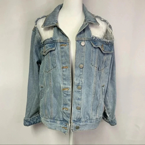 Pull & Bear Mesh Distressed Light Wash Denim Jean Jacket S - Picture 2 of 11
